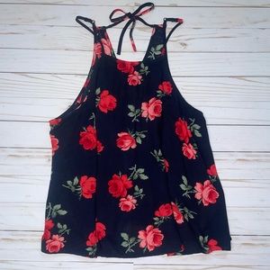 Hollister navy and red floral high neck flowy tank top with key hole tie back